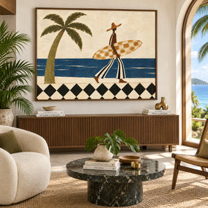 Retro Tropical Surfer Figure Art | Bright Coastal Horizontal Wall Decor