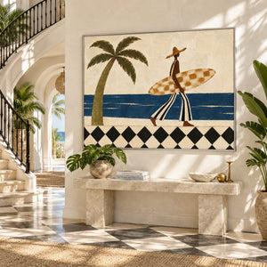 Retro Tropical Surfer Figure Art | Bright Coastal Horizontal Wall Decor