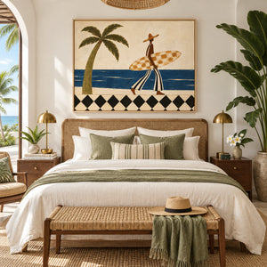 Retro Tropical Surfer Figure Art | Bright Coastal Horizontal Wall Decor