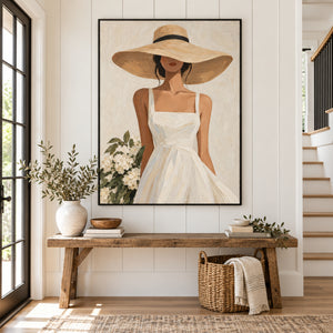 White Dress & Straw Hat | Thick Impasto Figurative Wall Art
