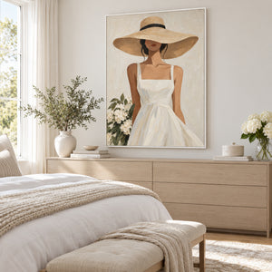 White Dress & Straw Hat | Thick Impasto Figurative Wall Art