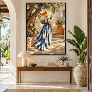Blue Striped Skirt | Sunny Garden Textured Canvas Painting