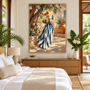 Blue Striped Skirt | Sunny Garden Textured Canvas Painting