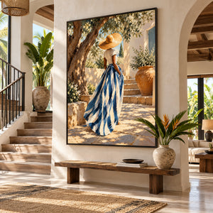 Blue Striped Skirt | Sunny Garden Textured Canvas Painting