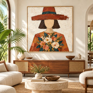 Woman in Terracotta Hat | Textured Canvas Painting