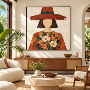 Woman in Terracotta Hat | Textured Canvas Painting