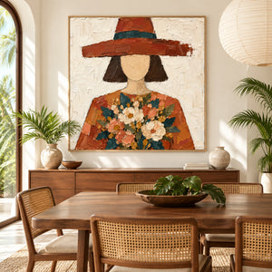 Woman in Terracotta Hat | Textured Canvas Painting