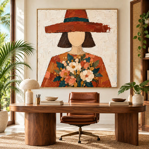 Woman in Terracotta Hat | Textured Canvas Painting