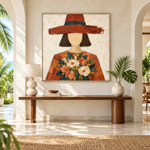 Woman in Terracotta Hat | Textured Canvas Painting