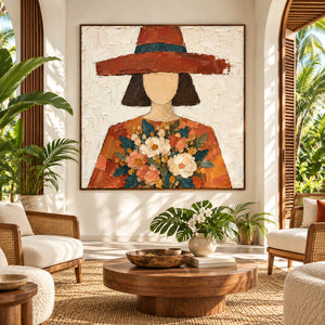Woman in Terracotta Hat | Textured Canvas Painting