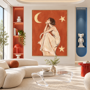Girl Gazing At Moon | Sketch Style Figurative Wall Art