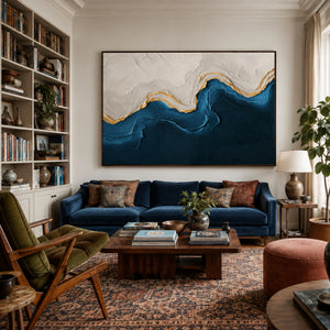Navy & Gold Abstract Waves | Thick Impasto Canvas Painting