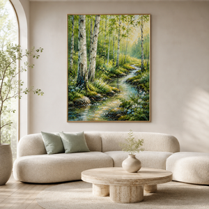 Sunlit Birch Forest Stream | Textured Nature Wall Art