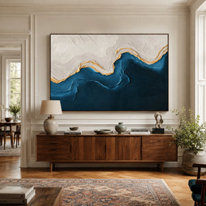 Navy & Gold Abstract Waves | Thick Impasto Canvas Painting
