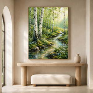 Sunlit Birch Forest Stream | Textured Nature Wall Art