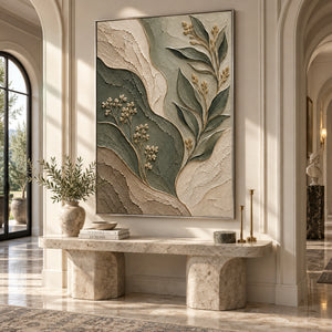 Sage Green Beige Leaf Relief Canvas | Thick Texture Painting