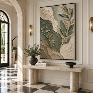 Sage Green Beige Leaf Relief Canvas | Thick Texture Painting