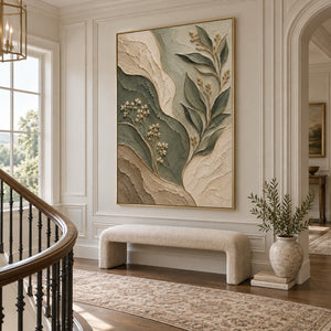 Sage Green Beige Leaf Relief Canvas | Thick Texture Painting