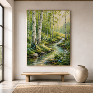 Sunlit Birch Forest Stream | Textured Nature Wall Art