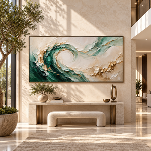 Emerald Waves with Golden Accents | Textured Abstract Wall Art