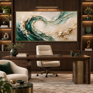 Emerald Waves with Golden Accents | Textured Abstract Wall Art