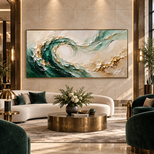 Emerald Waves with Golden Accents | Textured Abstract Wall Art