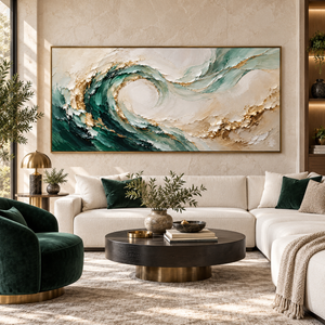 Emerald Waves with Golden Accents | Textured Abstract Wall Art