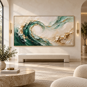 Emerald Waves with Golden Accents | Textured Abstract Wall Art